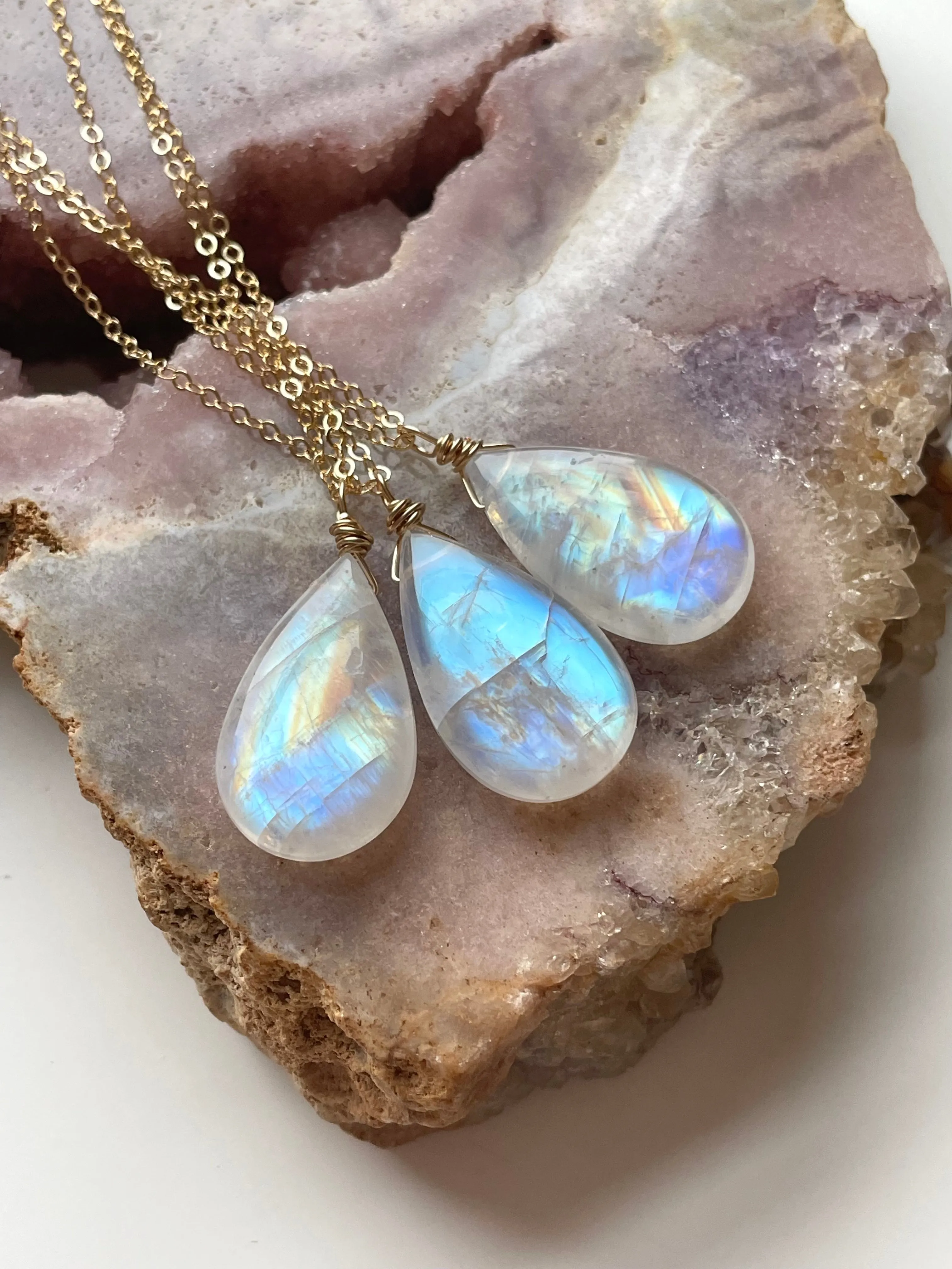 Large Moonstone Crystal Pendant Necklace Sterling Silver or 14kt Gold Filled