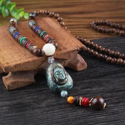 Vintage Nepal Long Beaded Necklace Charm Crystal Antique Mala Necklace